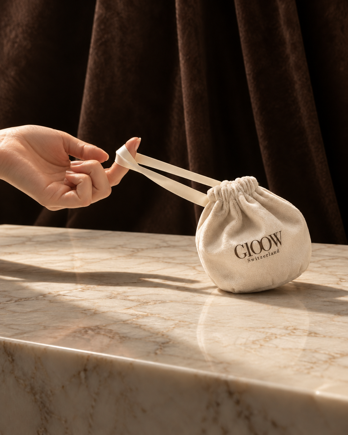 Une petite pochette GLOOW en velours crème glissée dans la poche d’un manteau.